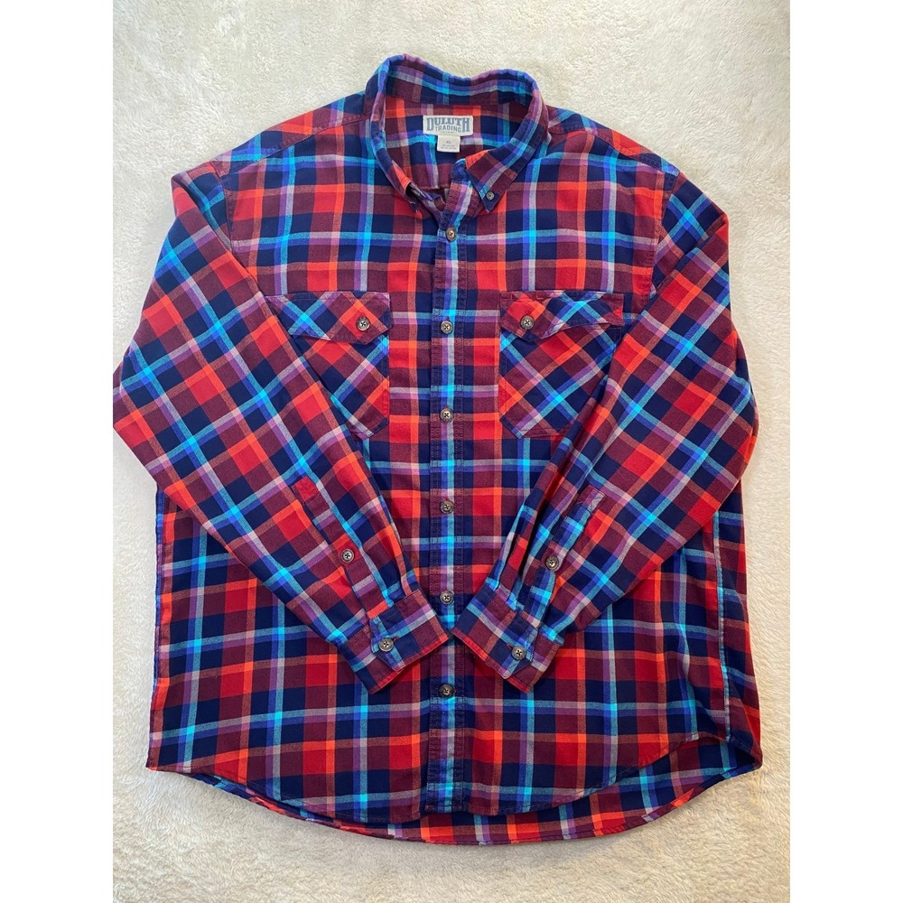 Duluth Trading Co Mens XL Red Blue Plaid Flannel Button Down Long Sleeve Shirt